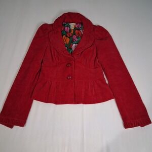 Elevenses Anthropologie Blazer Red Corduroy Jacket Floral Lining Button Front 0